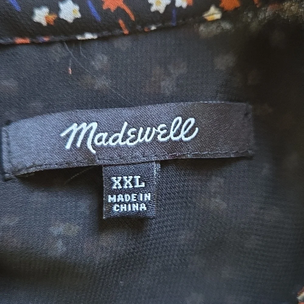 Madewell Black Ditsy Floral Georgette Mockneck Ruffle-Yoke Blouse - Size XXL